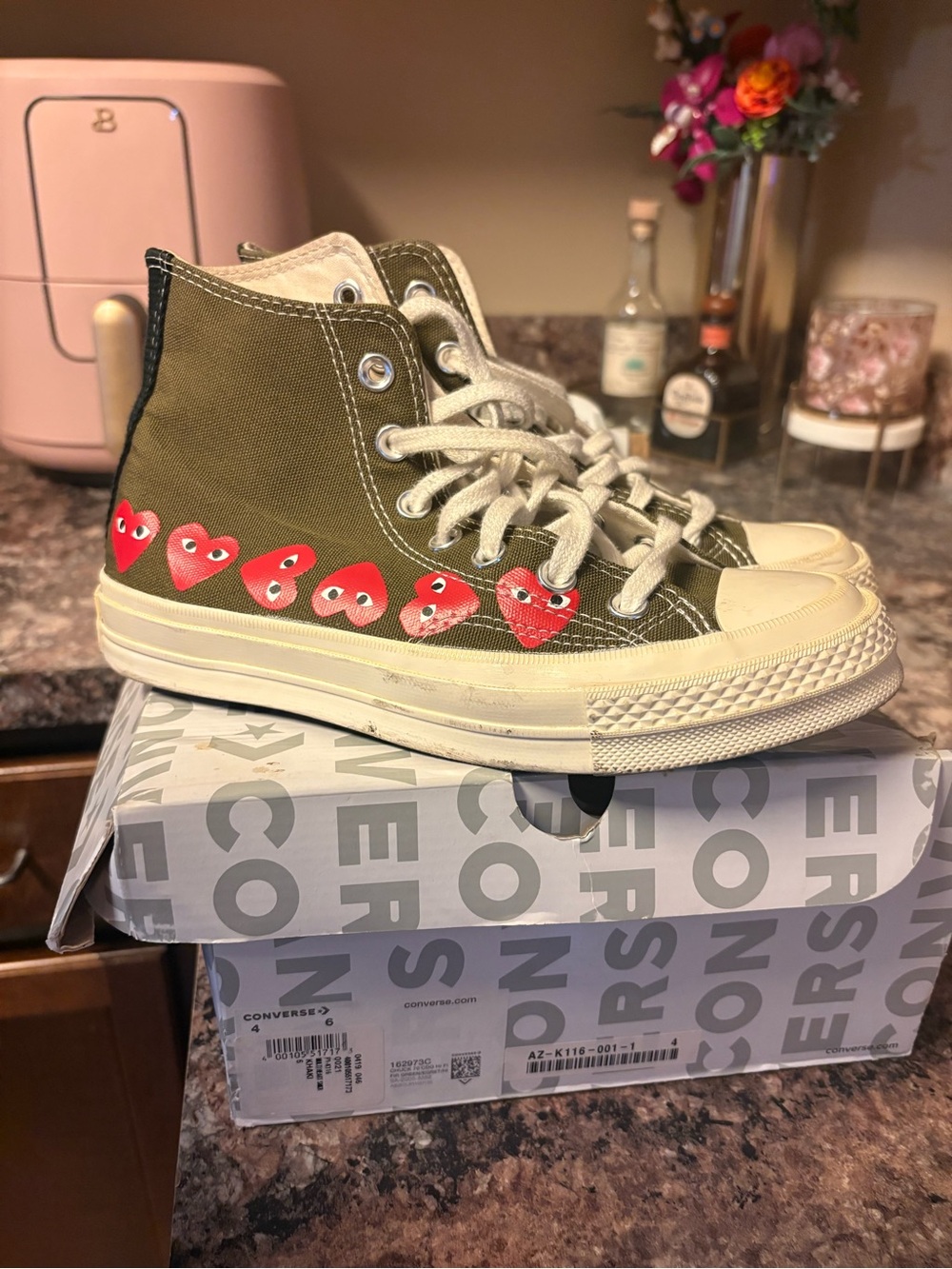 Converse Olive Green High Top Sneakers with Red Heart Accents